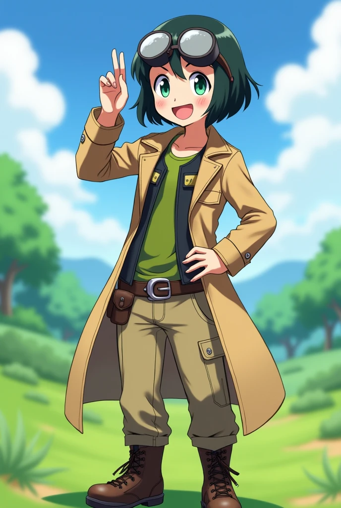 General description:
"A young girl with short, straight black hair, with a happy and friendly expression. Her eyes are emerald colored, large and expressive, showing an enthusiastic personality."

Clothes and accessories:
"Dressed in a long light brown trench coat, which reaches to the calves and has a more rustic and adventurous style.. The trench coat is open, showing an olive green long sleeved t-shirt and a utility vest with several pockets. He wears khaki cargo pants and brown hiking boots.. The trench coat has a wide dark leather belt with a large buckle., and wears a pair of protective glasses resting on his head."

Expression and Posture:
"With a happy and confident expression, standing in a natural posture, with one hand on the hip and the other raised as if he were waving or pointing at something."

Environment and background:
"In a vibrant environment reminiscent of a Pokémon landscape, like an open field or meadow, with green vegetation and a clear sunny sky."

artistic style:
"Anime or manga style, maintaining the aesthetics and visual characteristics of the Pokémon characters."
