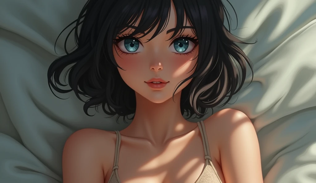 a girl with big breasts and a bra, thin waist, blue eyes, black hair, and a special detail, she NEEDS to be without a bra NAKED NAKED TOTALY NAKED NAKEDD
