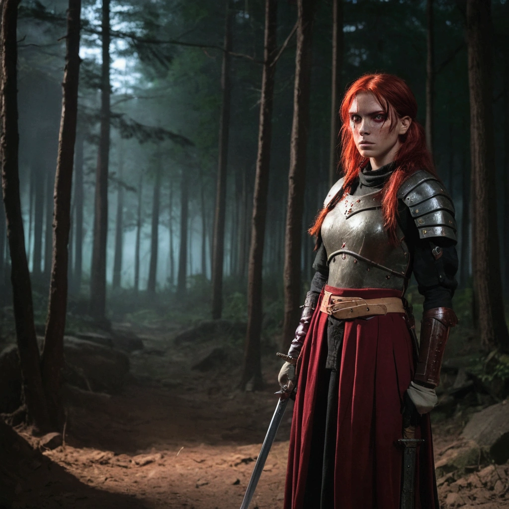 Crimson-eyed girl with red hair dressed in ancient combat clothing on a night in a dark forest with a combat sword in her hand, with gloves on both hands and a scar on his left eye. 