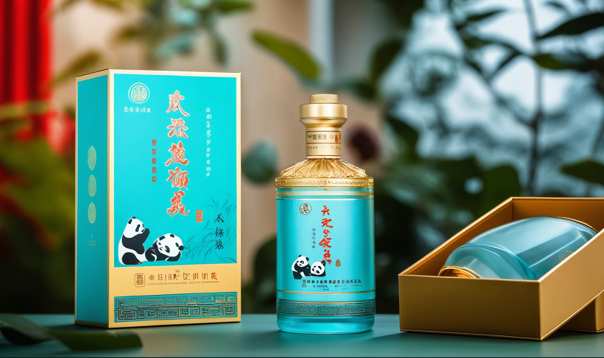 Chinese white wine bottle in classic vessel style, the bottle is made of light blue glass with a panda motif, a gold neck and cap, and the carton is designed as a rectangular green gift box with "Szechuan Unmistakable" printed on it. The brand name is "Sichuan Ethnic Catering" and features Chinese elements such as bamboo leaves and watercolour paper in the product photography, illuminated by studio lighting. A clean background created an atmosphere of luxury and high-end quality. This photo was taken with a Canon EOS R5 camera. It has fine details and perfect composition.