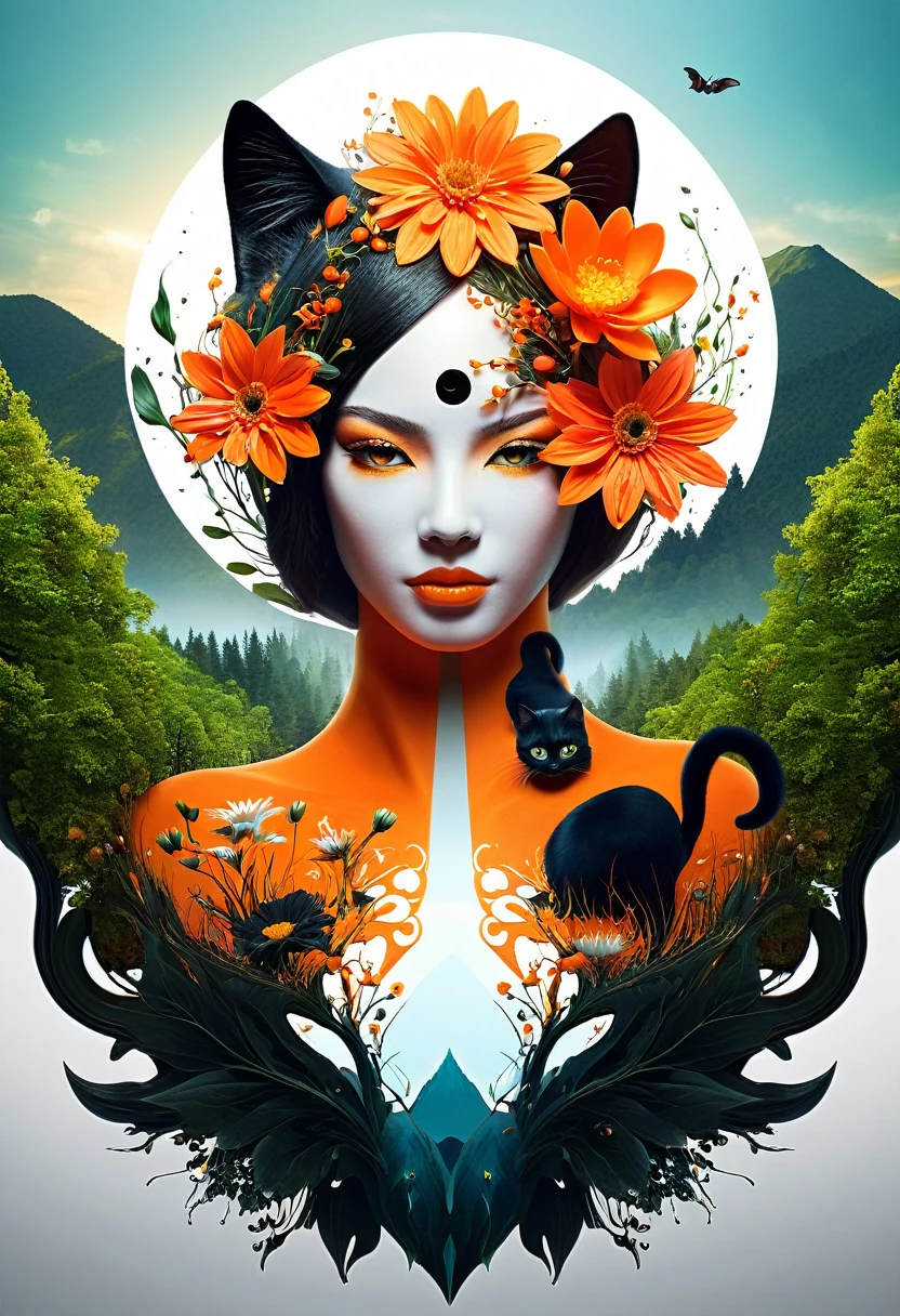 Create a surreal digital art piece of a dual-faced figure. the face should be mixed of dark, adorned with vibrant orange flowers, a black cat, and a forest and other side should be light, decorated with white flowers, teardrops, and an urban skyline at sunset. Ensure the eyes are a striking, fiery orange, with a mix of elements blending seamlessly at the center. The overall mood should convey a blend of nature and emotions, with a touch of mystique and fantasy.