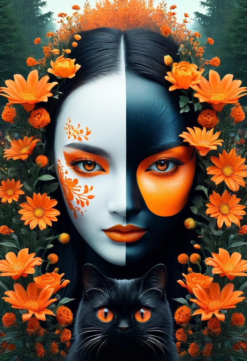 Create a surreal digital art piece of a dual-faced figure. the face should be mixed of dark, adorned with vibrant orange flowers, a black cat, and a forest and other side should be light, decorated with white flowers, teardrops, and an urban skyline at sunset. Ensure the eyes are a striking, fiery orange, with a mix of elements blending seamlessly at the center. The overall mood should convey a blend of nature and emotions, with a touch of mystique and fantasy.
