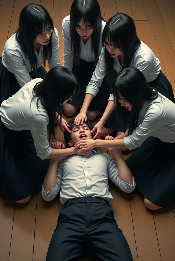 Group of girls in long black skirts strangling a boy with their hands on the floor