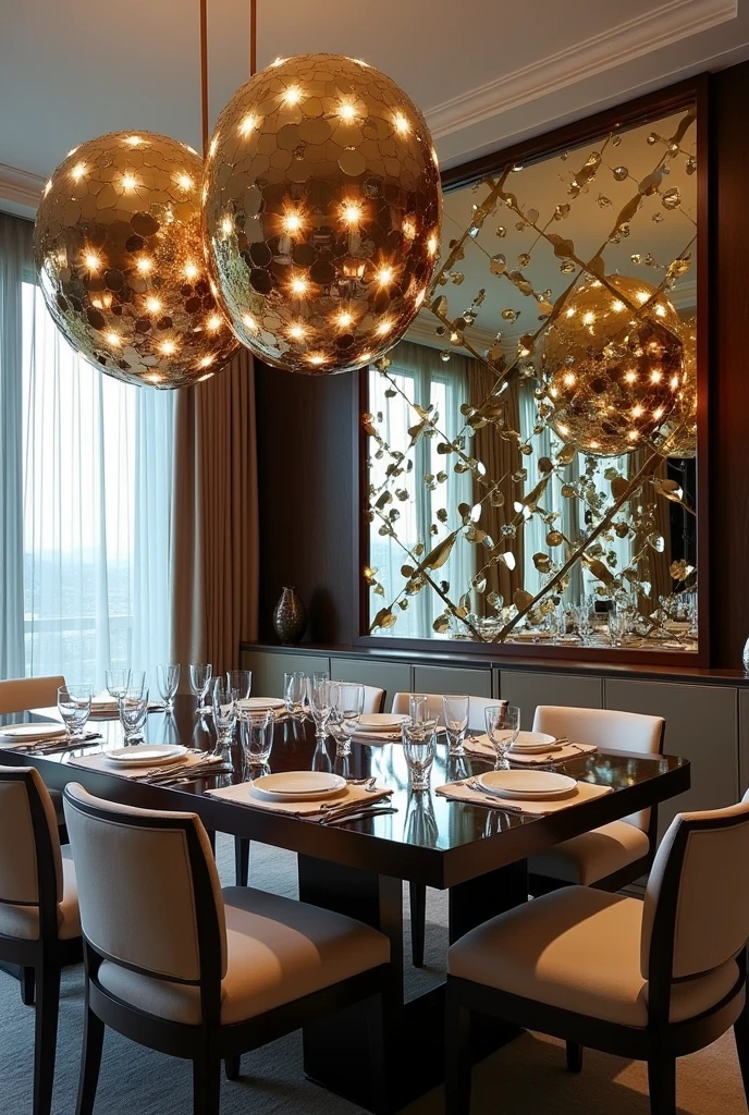 Wall-sized mirror, located in a dining room. This mirror is made up of smaller mirrors of various sizes and shapes., with LED lights between each mirror. The spaces between the mirrors should be medium