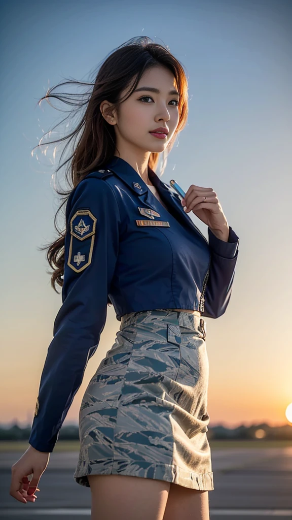(highest quality, 8K, 32k, masterpiece, uhd:1.2), (realistic:1.5), (masterpiece, Highly detailed CG Unity 8K wallpaper, highest quality, High resolution:1.2), (Super detailed, uhd:1.2), Photo of extremely cute and beautiful Japanese woman, (Long wavy chestnut hair:1.2), adult, (detailed beautiful girl:1.4), highest quality, woman, adult, (Detailed US Air Force Pilot Uniform:1.5), (Pilot Captain Jacket:1.3), (High waist pencil mini skirt:1.3), (Beautiful sunset us air force base runway view background:1.2), (A-10、F-18、air force plane)laugh shyly:1, looking at the viewer, towards the audience, ((Perfect woman's body)), (tight waist:1.2), (Image of the whole body from the knees up:1.3), thin, abs, (beautiful breasts:1.25), assemble the head, wind, dynamic pose, cinematic light, Backlight, fine clothes, perfect anatomy, perfect proportions, detailed human body, Stylish model in sexy pose,soft expression、smile、Sexy slit thighs and beautiful legs、A sneak peek of abs、A glimpse of her no underwear , Besides have a Myanmar National Flag and Myanmar Airplane.
