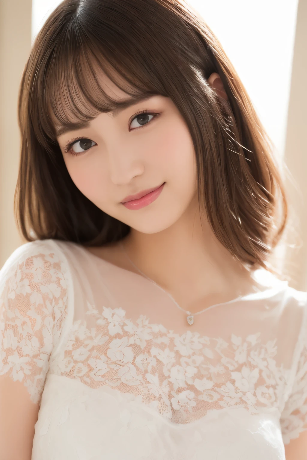 ((Highest quality、masterpiece、8k、Best image quality、Hyperrealism、Award-winning works)), One Girl, Hairstyle Casual, (Big Breasts: 1.2), (Elegant lace blouse: 1.1), Very beautiful face, Delicate eyes, double eyelid, smile, Home, (Face close-up:1.1)