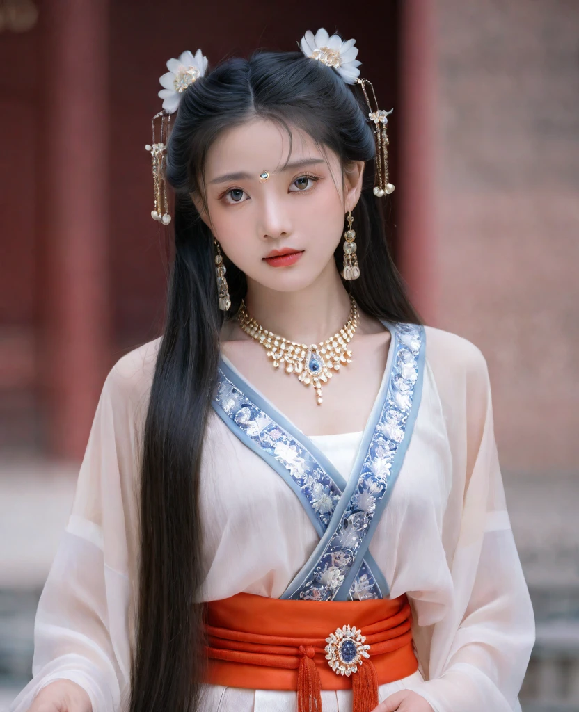 (photorealistic, best quality, ultra high res, extremely detailed eyes and face:1.3),(1girl, solo:1.3),skirt,jewelry,long_hair,necklace,earrings,perfect body,standing,large breasts,looking at viewer,chinese clothes,china dress,hanfu,