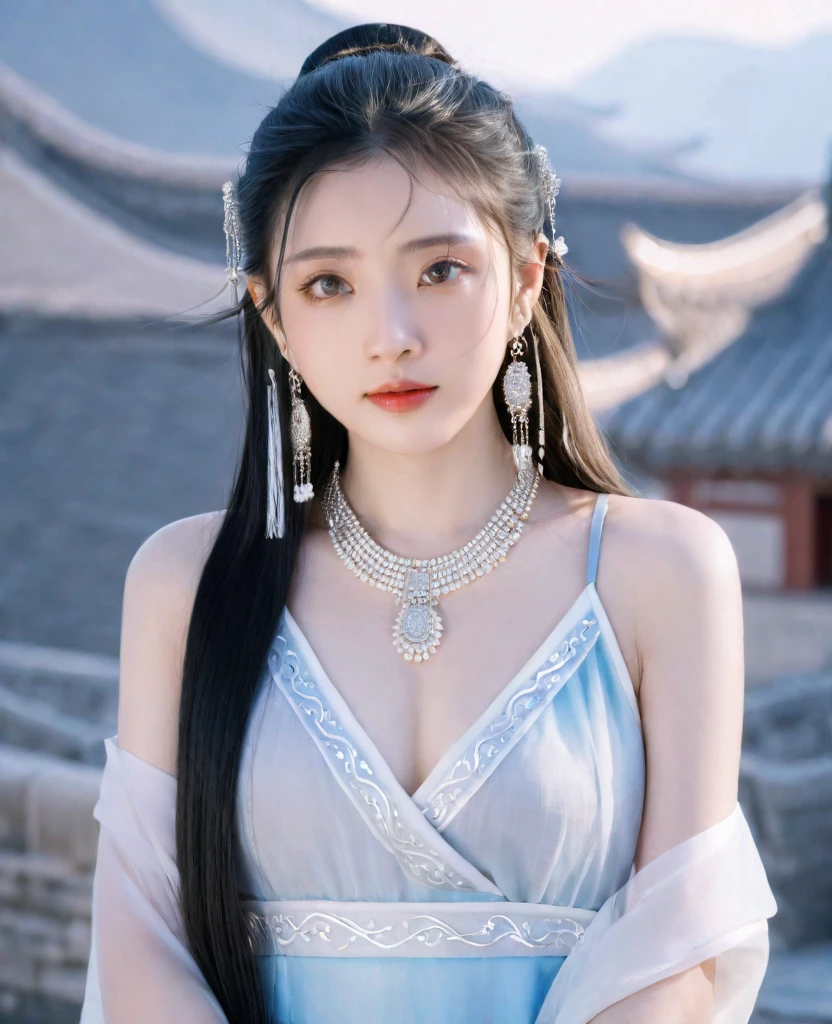 (photorealistic, best quality, ultra high res, extremely detailed eyes and face:1.3),(1girl, solo:1.3),skirt,jewelry,long_hair,necklace,earrings,perfect body,standing,large breasts,looking at viewer,chinese clothes,china dress,hanfu,