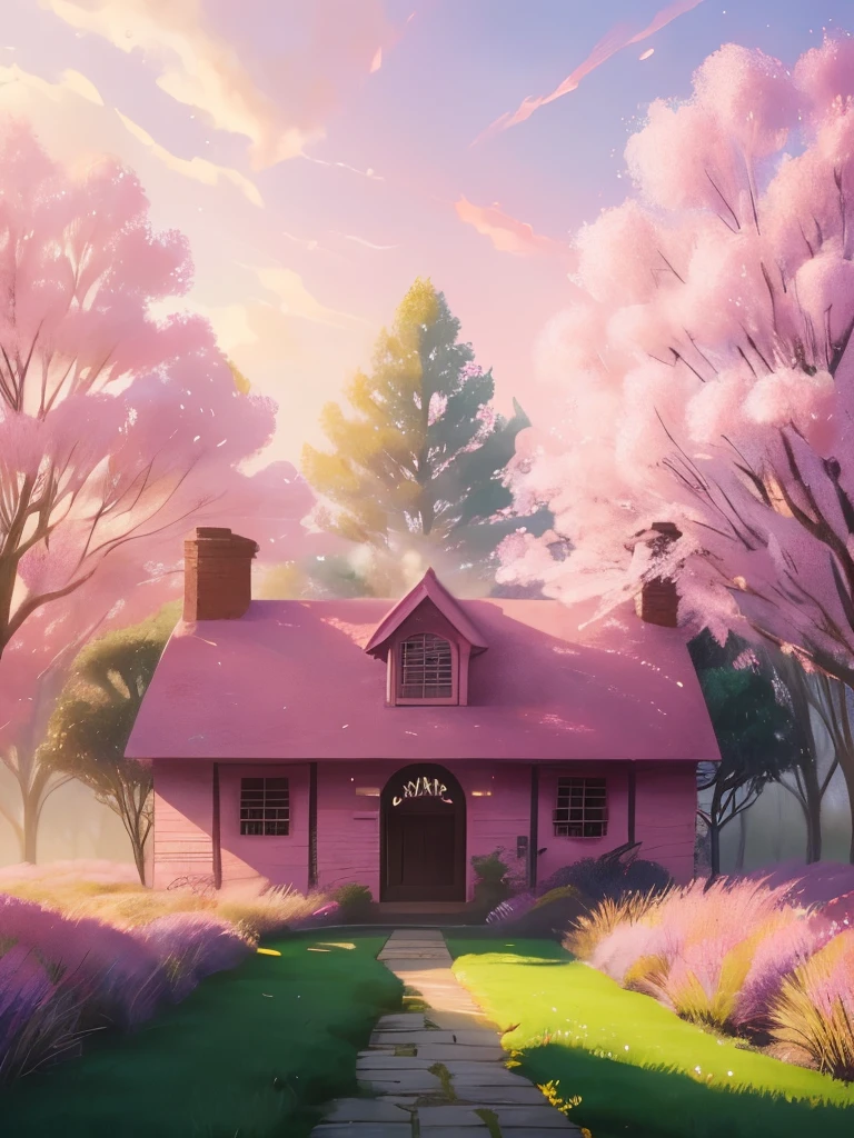 arafed pink grass in front of a brick building with a green lawn, a pastel by Anato Finnstark, flickr, color field, pink grass, pale pink grass, cotton candy bushes, with soft bushes, beautiful!!!!!!!!!!!!, very fuzzy, beautiful lush colors, pink mist, beautiful!!!, ethereal soft and fuzzy glow, cotton candy trees, beautiful!!!!!!!!!
