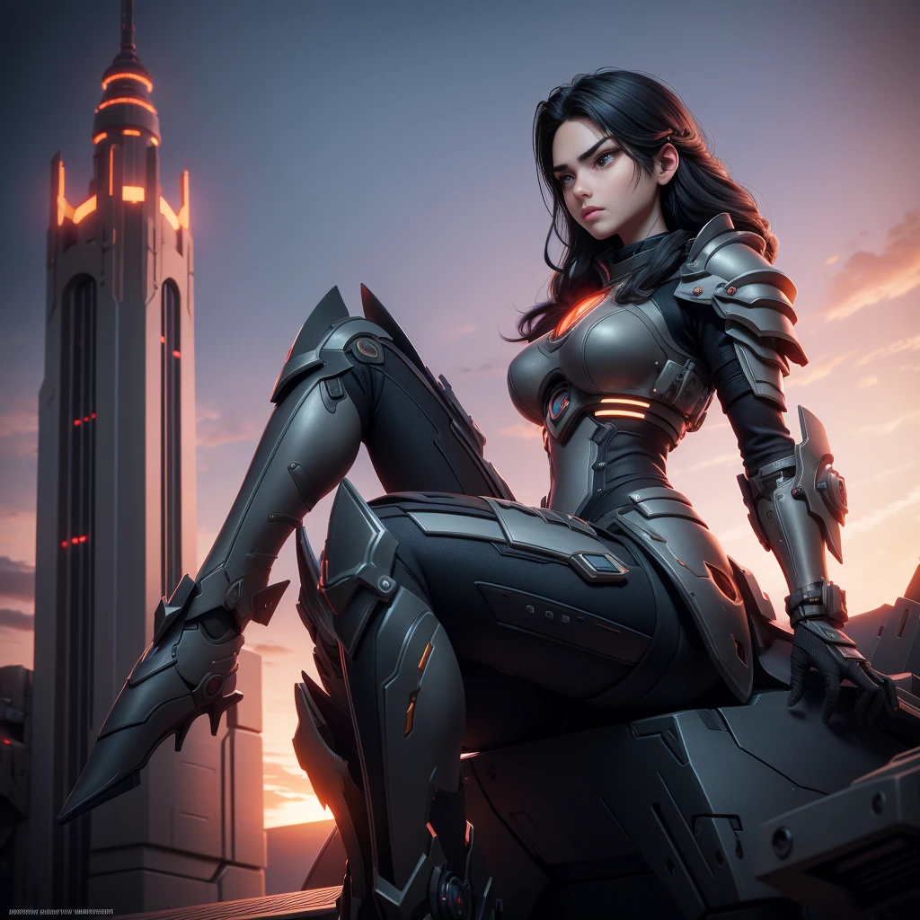 Create an image of a large mechanical tank with detailed tracks and armored body, topped by a futuristic tower. Sitting in the tower is a girl with white skin, long black hair,  with his gaze fixed on the battle before him, composed and armed with advanced weaponry. The background depicts a dramatic sunset casting warm light over the silhouette of a dystopian cityscape..&quot;High quality, High details, 3D rendering, OctaneRender 8K, 