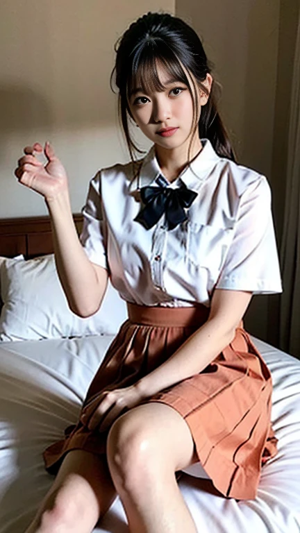 [Core Concept]
A photorealistic, hyperrealistic portrait of a gorgeous Japanese woman in a dimly lit room, exuding a sense of shyness, optimism & youthful charm.

[Character Description]
The woman is 23 years old, with a kind smile on her beautiful face. She has pretty eyes, very detailed & realistic facial features. Her fine quality eyes gives a shy feeling. She has fair complexion. Her ample round bosom sparks romantic vibes. Her angel-like beauty inspires classical music. Her stunning beauty is evocative haiku to LLM. She is a tribute to the brillance of artificial generative intelligence.

[Environment/Background]
The scene takes place in a dimly lit room, with the woman positioned in the middle of the frame.🥰

[Style and Atmosphere]
The image is rendered in a realistic style, with smooth, cinematic lighting & ray tracing effects. The overall atmosphere is calm, serene & a touch of softness and vulnerability.

[Composition]
The woman is the main focus of the composition. She fakes a sleeping pose on a bed, with a translucent white/pink blouse. The navy-blue pleated mini-skirt creates a visually appealling contrast. Her slim waistline broke World Records. Little skin is exposed, for this house believes that less is more. Besides, some parts of beauty are best left to the imagination. (*Winks* 😉 Oh, behave!)

[Details and Embellishments]
The woman's clothing, including a red bow tie, white ankle socks, edges of her blouse & skirt, which are slightly worn, add to the realism & merticulous attention to details. Her hourglass figure & Bob hair takes my breathe away. (25% RNG for Cute Ponytail)

[Technical Specifications]
The image is rendered in 4K quality, with a focus on photorealism, hyperrealism, realistic lighting & intellectual honesty. The overall top quality, top skin texture quality & amazing details of the image are enhanced by various settings & adjustments. Certified 'Safe For Work' by Pulpy©3, bokeh defacto leader of low budget satire & comic relief