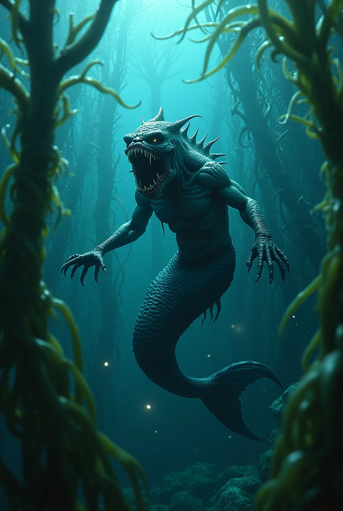 Make me a realistic image of a mermaid that looks like a monster showing its sharp teeth in front of the camera and behind it a forest of gigantic algae. suddenly, Realistic luminescent hands emerge from the seaweed and drag him down.