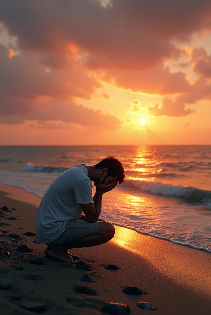 Man crying on the edge of the sea in a state of penitence at sunset
