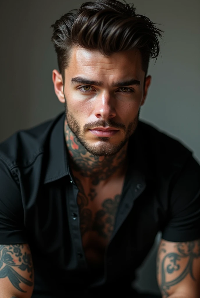 ((best quality)), ((masterpiece)), (detailed), 1boy, hot, black shirt, tattoos, mafia
