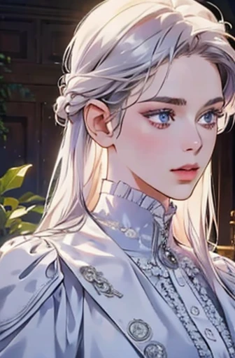a determined victorian era woman in her early 30's wearing white coat, facing front, surrounded by plants, straight white medium-length hair, striking purple eyes, detailed realistic portrait, photorealistic, hyperrealistic, 8k, detailed clothing, beautiful detailed eyes, beautiful detailed lips, extremely detailed face, intricate ornate details, cinematic lighting, dramatic shadows, warm color tones, natural lighting, highly detailed, masterpiece, artstation, sharp focus, hyper detailed, half body