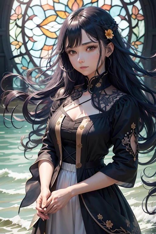 Playing with the tides,Luxray, Split Color Hair, Wind, 舞い散るflowerびら, Stained Glass AI, Decorative, Intricate details, Dukhkova, 2D, Line art, watercolor, ink watercolor, Random color hair, Super long hair, Wavy, One mature woman,Mandrake,flower, Mandrake,