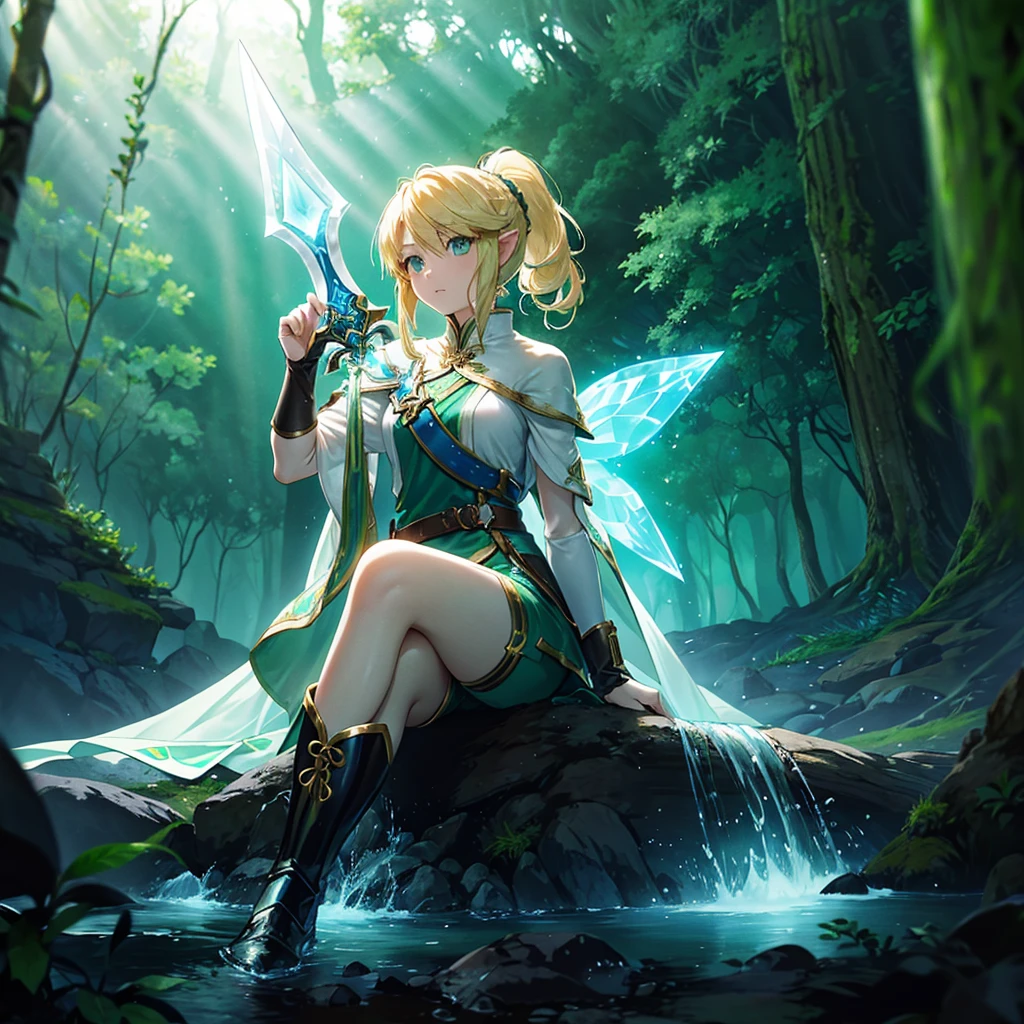 One woman,Elven Hero,((have,With both hands,Master Sword,Shine)) ponytail,Blonde,Shiny Green Eyes,shine,Crystal Black Boots Background,(in the forest,Fairy,Fantasy,Sunlight filtering through the trees)