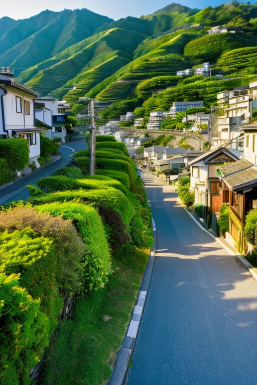 Highest quality,masterpiece,Ultra-high resolution,(Actual:1.4),Original photo,Ultra-high resolution,8k,Slope leading to the coast,Nostalgic old Japanese houses,Japanese Countryside Inn,