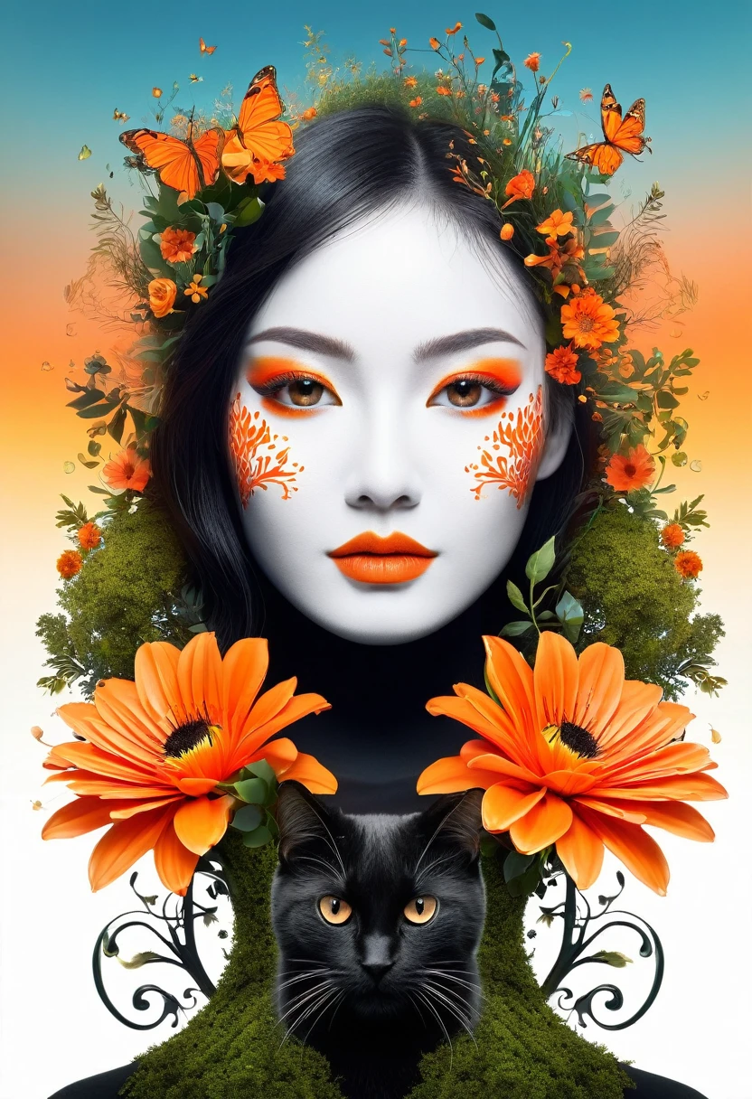 Create a surreal digital art piece of a dual-faced figure. the face should be mixed of dark, adorned with vibrant orange flowers, a black cat, and a forest and other side should be light, decorated with white flowers, teardrops, and an urban skyline at sunset. Ensure the eyes are a striking, fiery orange, with a mix of elements blending seamlessly at the center. The overall mood should convey a blend of nature and emotions, with a touch of mystique and fantasy.
