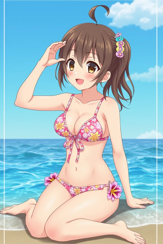 Vector art、(masterpiece:1.2)、high quality、High resolution、Very detailed、(Amazingly absurd:1.2)、Frog's perspective、Orthodox beautiful girl、Uma Musume's Satono Diamond、、Ocean Background、Cute Face、Her breast size is E cup、Sitting、Floral Bikini