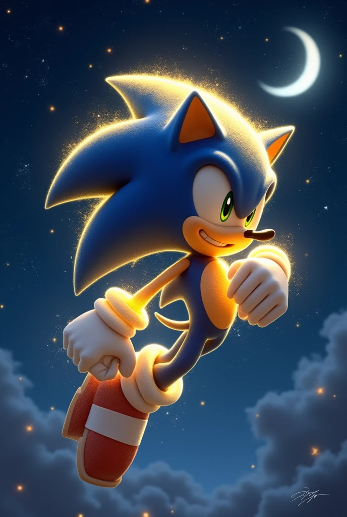 Super Sonic fingering his butt hole in the sky, night, he shine at night, Super Sonic is flying