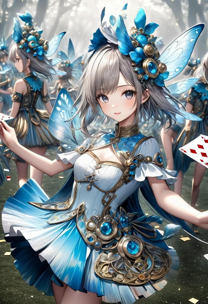 beautiful and cute playing card spirit fairies, playing card costumes, awkward mechanical movements, marching playing card soldiers, shading effects, gradation magic effects, foggy filter effects, glitter effects, (ultra detailed, absolutely resolution, best quality:1.3), 2.5D, delicate and dynamic, artistic photography, hyper realistic, graphic CG digital anime-style fantasy art