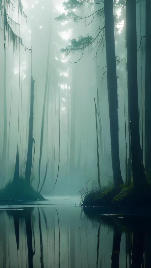 trees in the water are covered with moss and are reflected in the water, foggy swamp, swampy atmosphere, swamps, scene from louisiana swamps, misty swamp, louisiana swamps, artistic swamp with mystic fog, located in a swamp at sunrise, swamp forest, eerie!!! atmosphere, by roger deakins, eerie!, melting and dripping. eerie