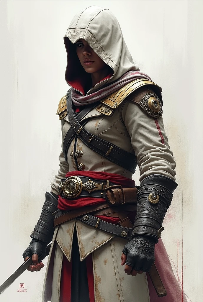 Assassin&#39;s Creed style hooded woman with sketch on side