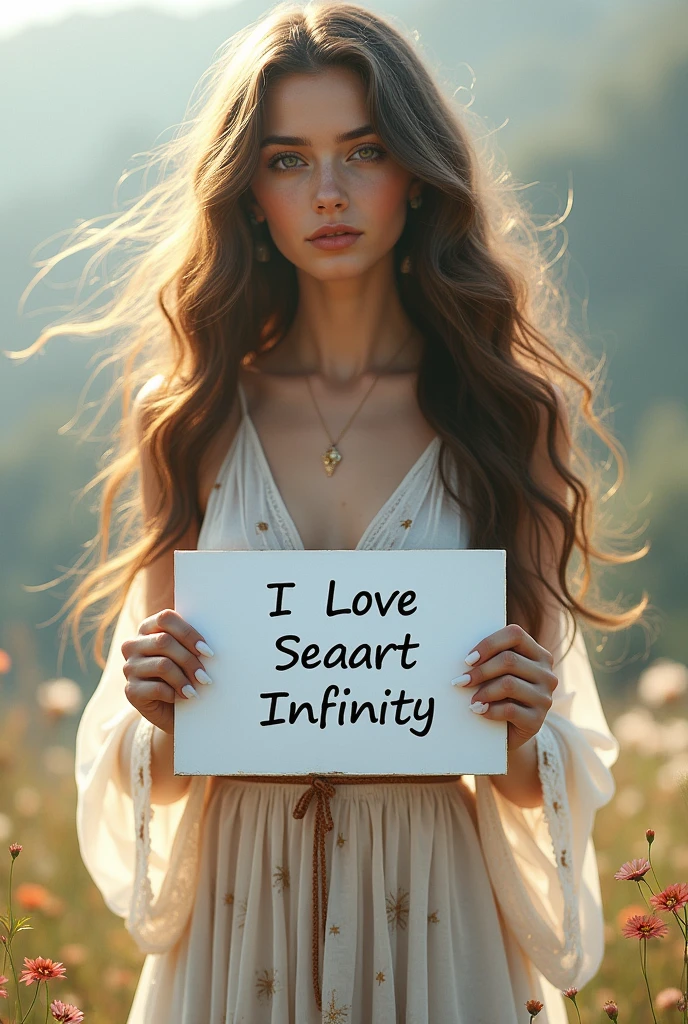 Beautiful girl with wavy long hair, bohemian dress, holding a white board with text "I Love Seaart Infinity" and showing it to the viewer