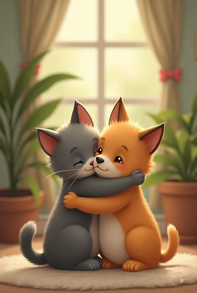 Cat and a dog hugging each other
