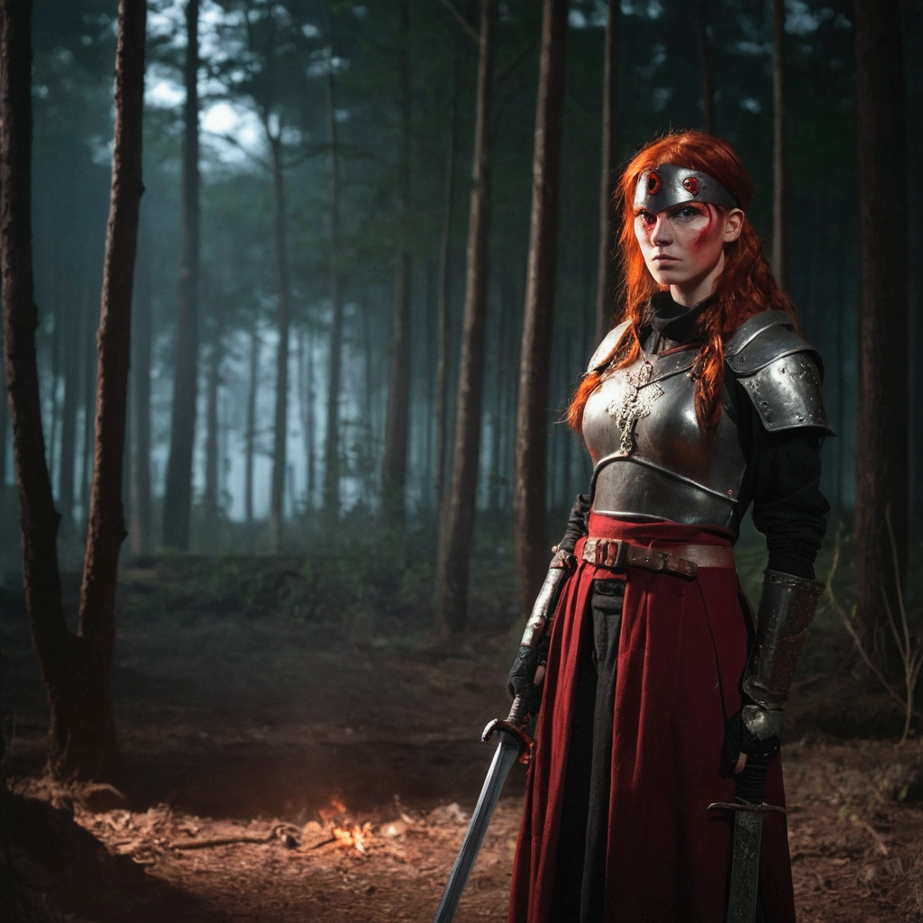 Girl with crimson pupils and fiery red hair dressed in ancient combat clothing on a night in a dark forest with a combat sword in her hand, with gloves on both hands and an eye patch covering his left eye.