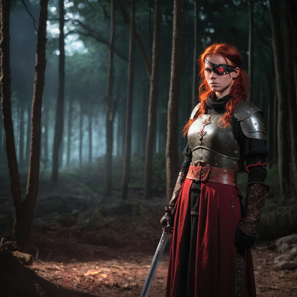 Girl with crimson pupils and fiery red hair dressed in ancient combat clothing on a night in a dark forest with a combat sword in her hand, with gloves on both hands and an eye patch covering his left eye.