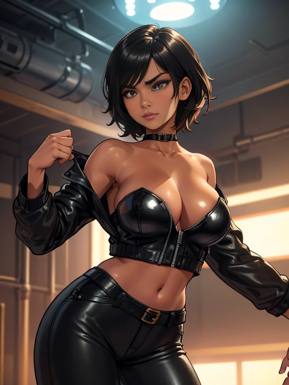 Photorealistic Image of Gorgeous 26 Years Old woman with Athletic Body, (Short Black Hair), (One Person), (Black Leather Jacket, Strapless Black Tube-Top and Black Tight Leather Pants:1.4), (Tan bronze Skin:1.4), (Detailed Shiny Appearance:1.4), (Smug Face), Deep Cleavage, (Dynamic Pose:1.4), (Indoors, at a rave, Nightclub:1.4), Centered, (Full Body Shot), (From Front Shot), Insane Details, Intricate Face Detail, Intricate Hand Details, Cinematic Shot and Lighting, Realistic Colors, Masterpiece, Sharp Focus, Ultra Detailed, Taken with DSLR camera, Realistic Photography, Depth of Field, Incredibly Realistic Environment and Scene, Master Composition and Cinematography
