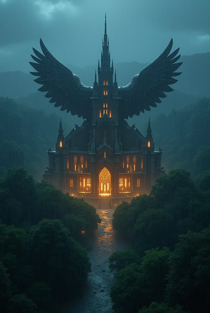 beautiful scenery, photo from the sky, filled with trees, with a magnificent palace, rainy weather, night, eagle-shaped palace