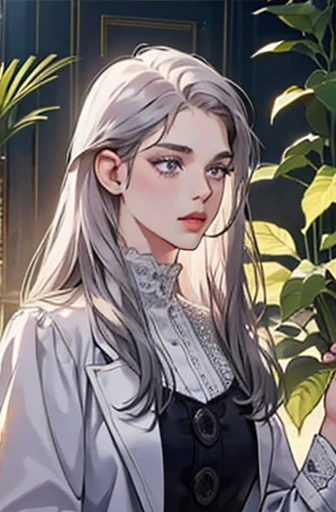 an angry victorian era woman in her early 30's wearing white coat, drinking tea, surrounded by plants, straight white medium-length hair, striking purple eyes, detailed realistic portrait, photorealistic, hyperrealistic, 8k, detailed clothing, beautiful detailed eyes, beautiful detailed lips, extremely detailed face, intricate ornate details, cinematic lighting, dramatic shadows, warm color tones, natural lighting, highly detailed, masterpiece, artstation, sharp focus, hyper detailed, half body
