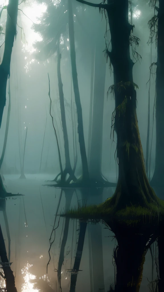 trees in the water are covered with moss and are reflected in the water, foggy swamp, swampy atmosphere, swamps, scene from louisiana swamps, misty swamp, louisiana swamps, artistic swamp with mystic fog, located in a swamp at sunrise, swamp forest, eerie!!! atmosphere, by roger deakins, eerie!, melting and dripping. eerie