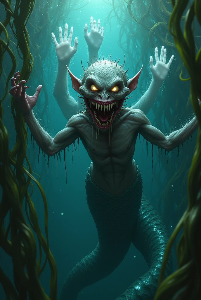 Make me a realistic image of a mermaid that looks like a monster showing its sharp teeth in front of the camera and behind it a forest of gigantic algae. suddenly, Realistic luminescent hands emerge from the seaweed and drag him down.