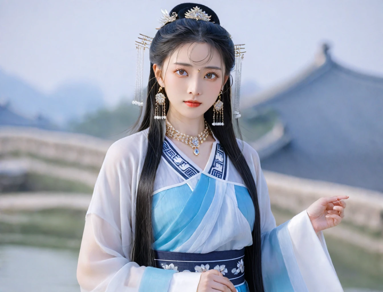 (photorealistic, best quality, ultra high res, extremely detailed eyes and face:1.3),(1girl, solo:1.3),skirt,jewelry,long_hair,necklace,earrings,perfect body,standing,large breasts,looking at viewer,chinese clothes,china dress,hanfu,