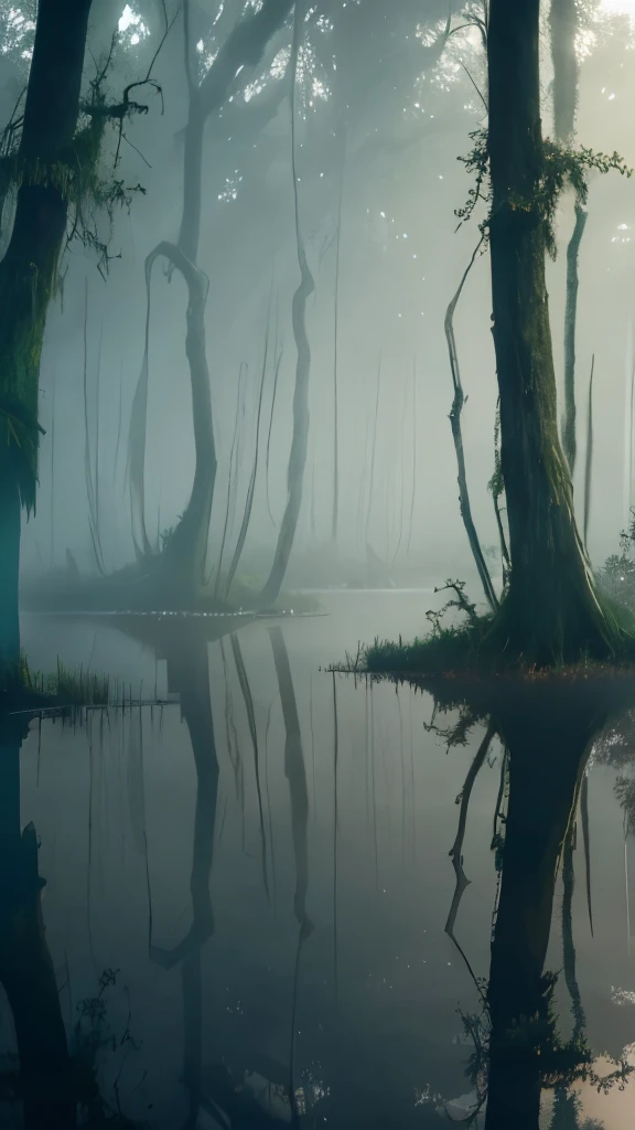 trees in the water are covered with moss and are reflected in the water, foggy swamp, swampy atmosphere, swamps, scene from louisiana swamps, misty swamp, louisiana swamps, artistic swamp with mystic fog, located in a swamp at sunrise, swamp forest, eerie!!! atmosphere, by roger deakins, eerie!, melting and dripping. eerie