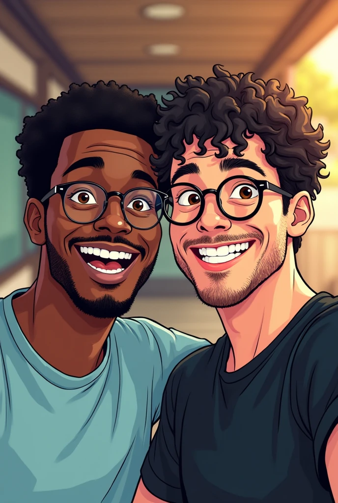 2 friends taking a selfie together a black guy with short curly hair black guy with brown eyes and thin round frame glasses black mustache thin goatee and light blue t-shirt and a white guy with curly hair black a little bit big with brown eyes and round glasses with black frames and a black t-shirt . drawing style 