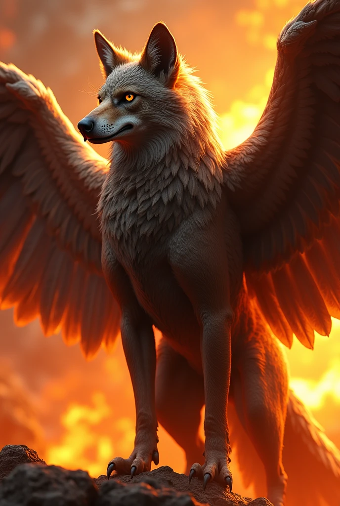 a hybrid wolf eagle creature, highly detailed, photorealistic, 4k, dynamic flames background, intricate feathers, glowing eyes, muscular body, powerful wings, cinematic lighting, dramatic composition