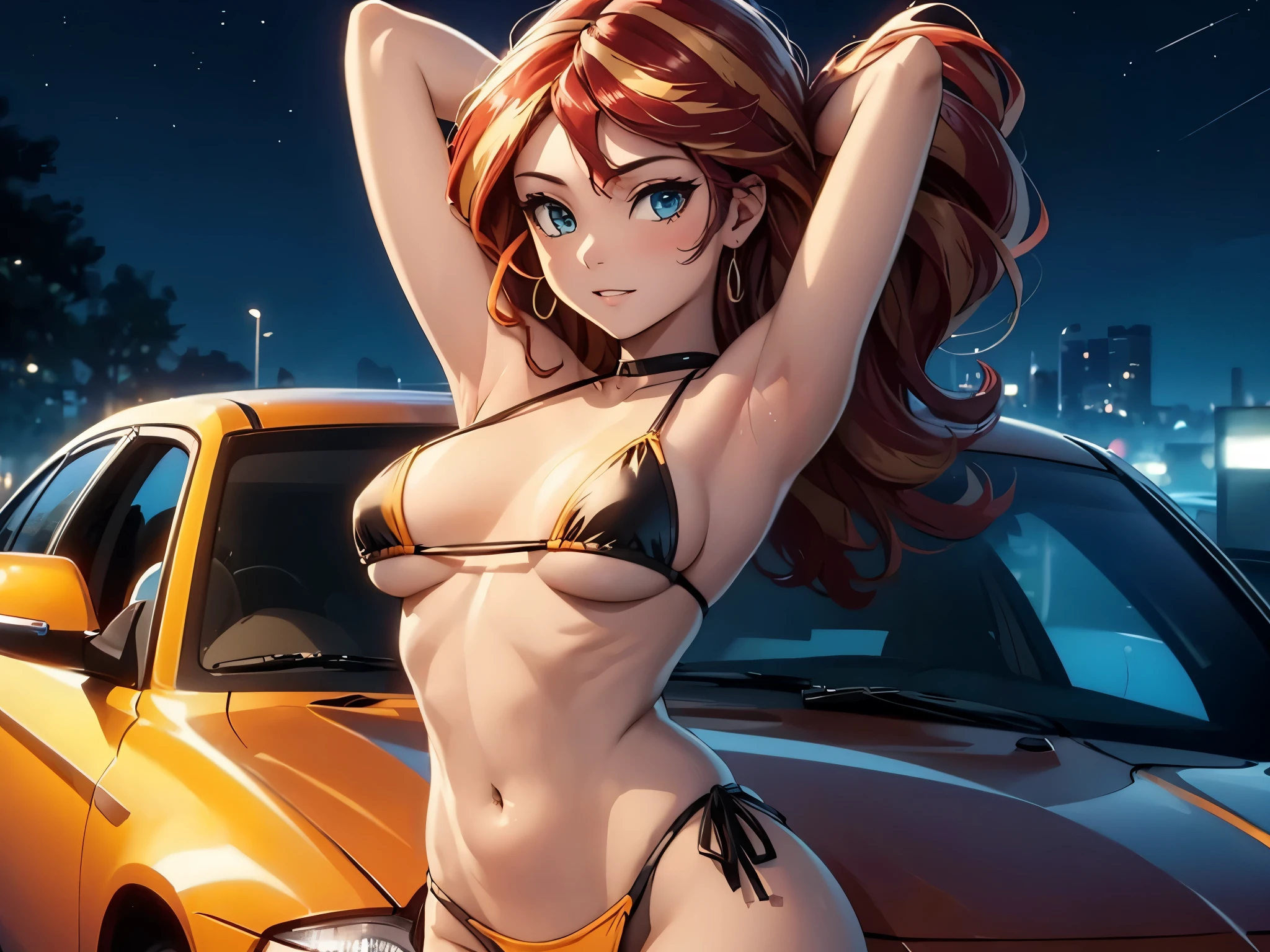 sunsethuman, tiny bikini, underboob, posing on the hood of a car, at night, sexy pose