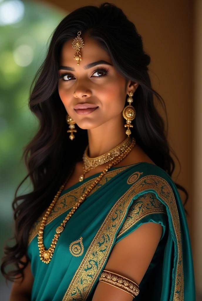 A beautiful Kerala woman with a lovely and charming appearance, exuding glamour and elegance. She is wearing a luxurious peacock-colored saree with intricate designs. Her saree drapes gracefully, highlighting her traditional yet alluring style. She has long, dark, flowing hair and wears traditional Kerala jewelry, including gold bangles, earrings, and a bindi on her forehead. The background is softly lit, accentuating her radiant complexion and the rich colors of her attire."