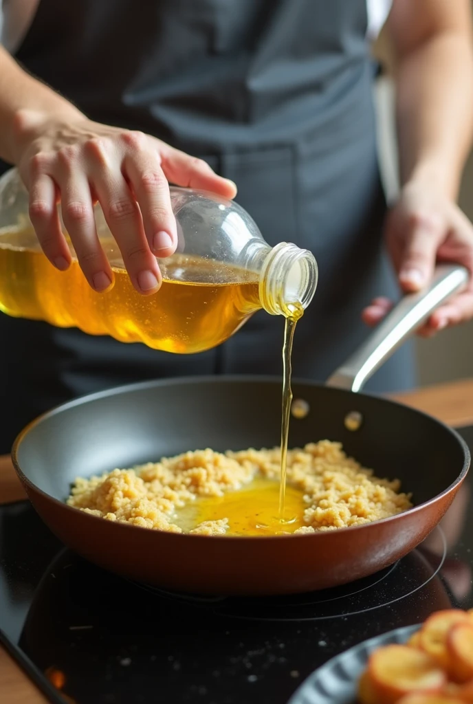create an image of a person pouring their used cooking oil from the pan into a PET bottle