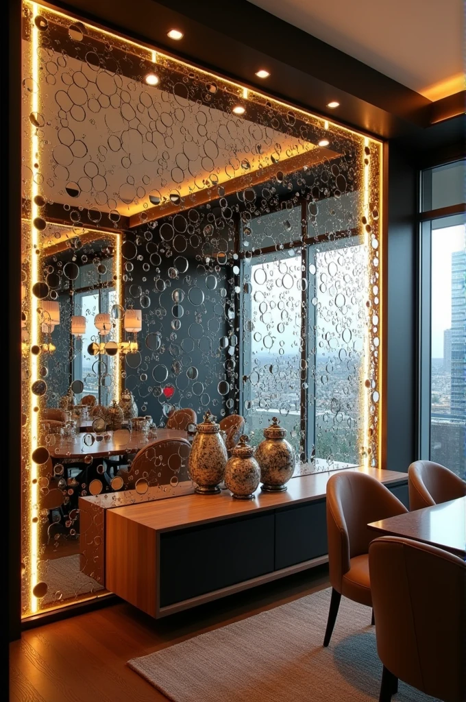 Mirror that covers an entire wall located in a dining room. The mirror is made up of several separate mirrors of different sizes and shapes.. The spaces between each mirror that have indirect LED lighting