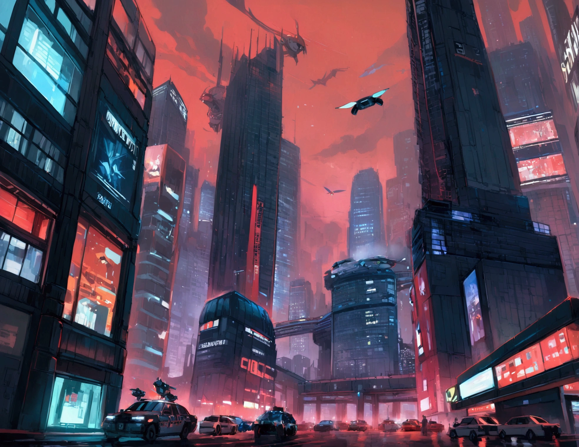 Vancouver Canada, Pokemon, Glass Buildings,, Pokemon Center, skyline of Vancouver, nighttime, dystopian, cyberpunk, supertall central skyscraper, security cameras, spy drones, dark red sky, smoggy skies, floating highways, flying police cars, police cars with futuristic sirens