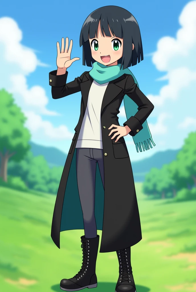 General description:
"A young girl with short, straight black hair, with a happy and friendly expression. Her emerald eyes are large and expressive., full of energy and curiosity."
Clothes and accessories:
"Dressed in a long black trench coat that reaches to the knees, with a modern and elegant cut. The trench coat is buttoned halfway, revealing a high-necked white shirt. She wears dark grey leggings and tall black leather boots with metal buckles.. Around his neck he wears a light, dark blue scarf., and a silver bracelet on her left wrist."
Expression and Posture:
"With a happy and confident expression, standing in a natural posture, with one hand on the hip and the other raised as if he were waving or pointing at something."
Environment and background:
"In a vibrant environment reminiscent of a Pokémon landscape, like an open field or meadow, with green vegetation and a clear sunny sky."
artistic style:
"Anime or manga style, maintaining the aesthetics and visual characteristics of the Pokémon characters."