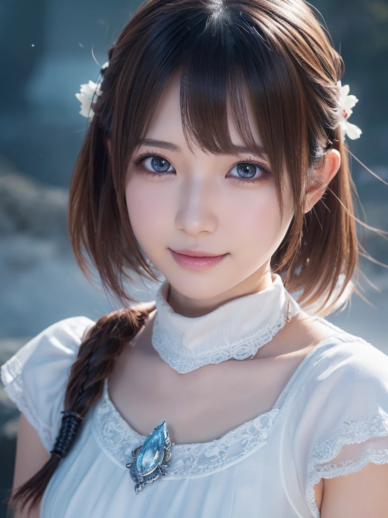head shot,beautiful detailed eyes, droppy eyes,beautiful detailed lips, extremely detailed eyes and face, long eyelashes, 1japanese girl, fantasy character, (Final Fantasy, yuuna:1.25),smile,short hair,elegant white dress,break, blue long skirt,break,magical girl, highly detailed, fantasy landscape, dramatic lighting, glowing effects, mist, intricate details, volumetric lighting, cinematic composition, hyper realistic, 8k, best quality, masterpiece, photorealistic,Highres fix