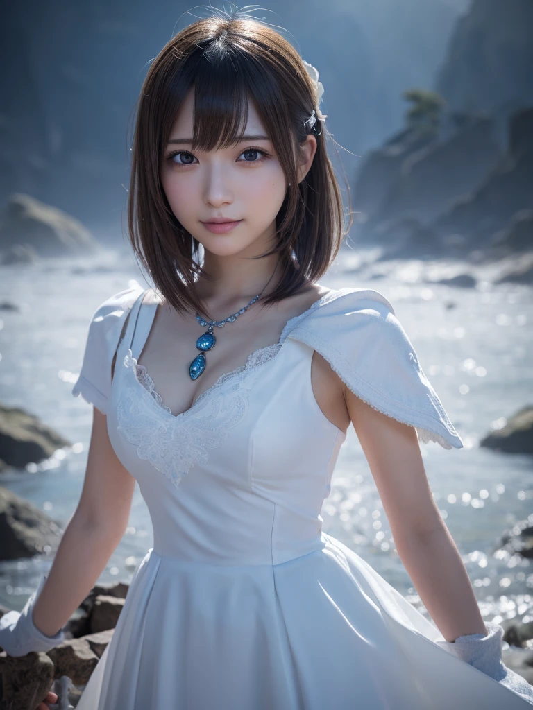 head shot,beautiful detailed eyes, droppy eyes,beautiful detailed lips, extremely detailed eyes and face, long eyelashes, 1japanese girl, fantasy character, (Final Fantasy, yuuna:1.25),smile,short hair,elegant white dress,break, blue long skirt,break,magical girl, highly detailed, fantasy landscape, dramatic lighting, glowing effects, mist, intricate details, volumetric lighting, cinematic composition, hyper realistic, 8k, best quality, masterpiece, photorealistic,Highres fix