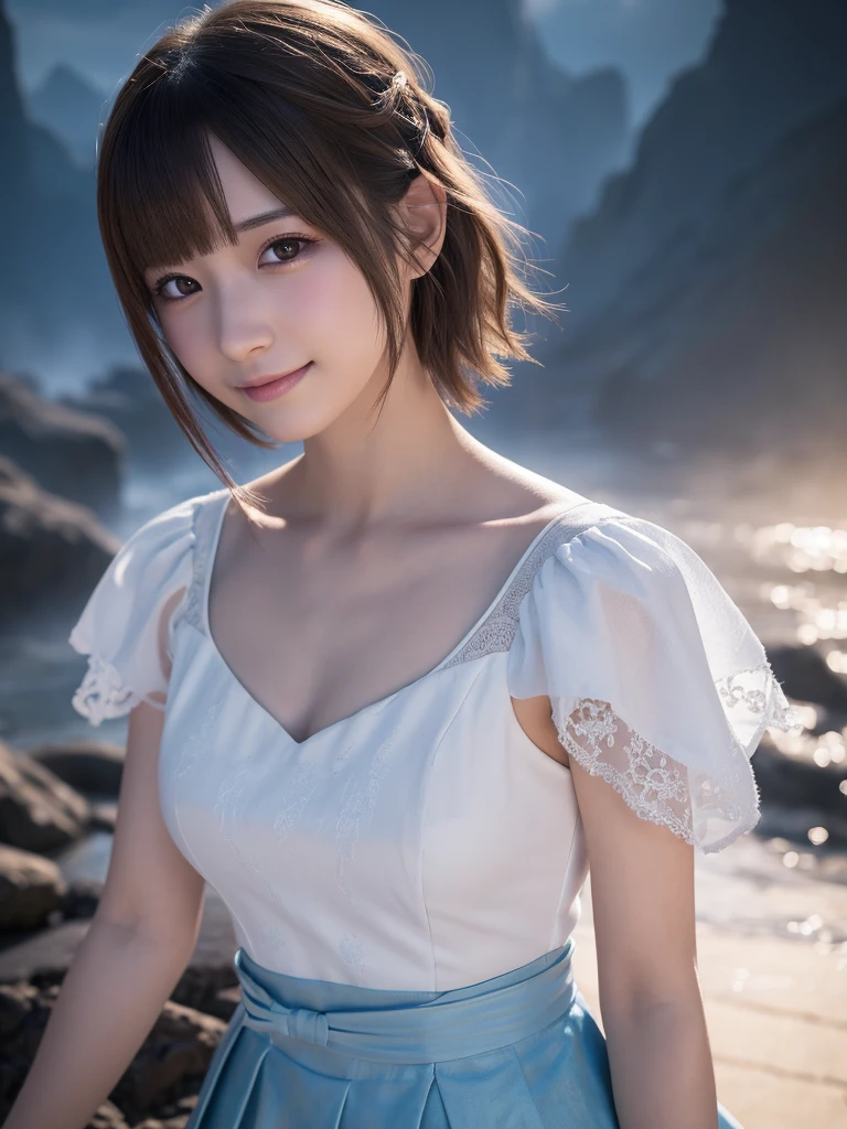 head shot,beautiful detailed eyes, droppy eyes,beautiful detailed lips, extremely detailed eyes and face, long eyelashes, 1japanese girl, fantasy character, (Final Fantasy, yuuna:1.25),smile,short hair,elegant white dress,break, blue long skirt,break,magical girl, highly detailed, fantasy landscape, dramatic lighting, glowing effects, mist, intricate details, volumetric lighting, cinematic composition, hyper realistic, 8k, best quality, masterpiece, photorealistic,Highres fix